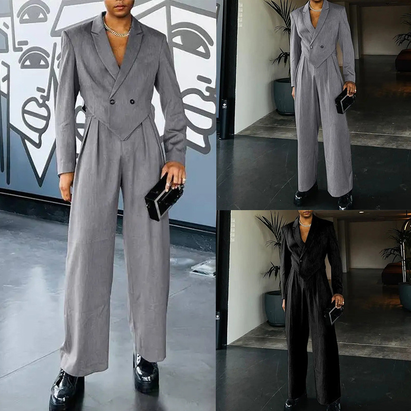 Completo casual da uomo in due pezzi, nuovo, con maniche lunghe, vestibilità ampia e pantaloni a gamba dritta._voghion.com