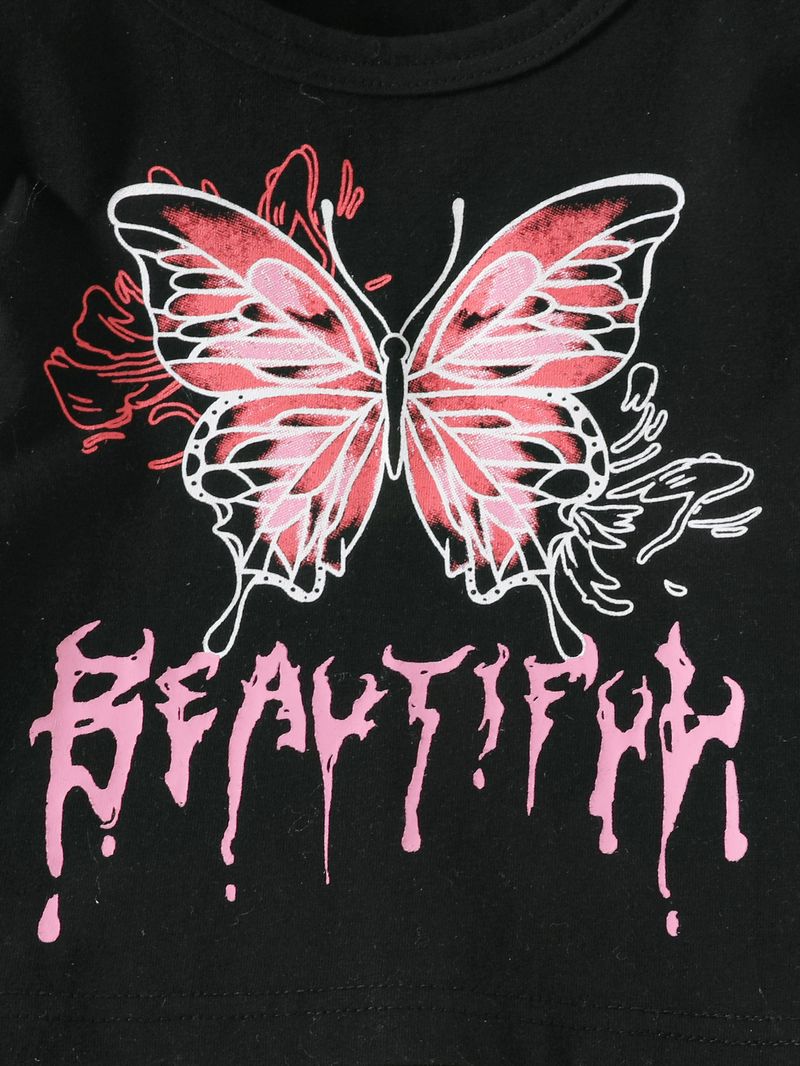 2025 Nuovo stile estivo, maglietta con stampa a farfalla e pantaloncini in denim per bambini_voghion.com