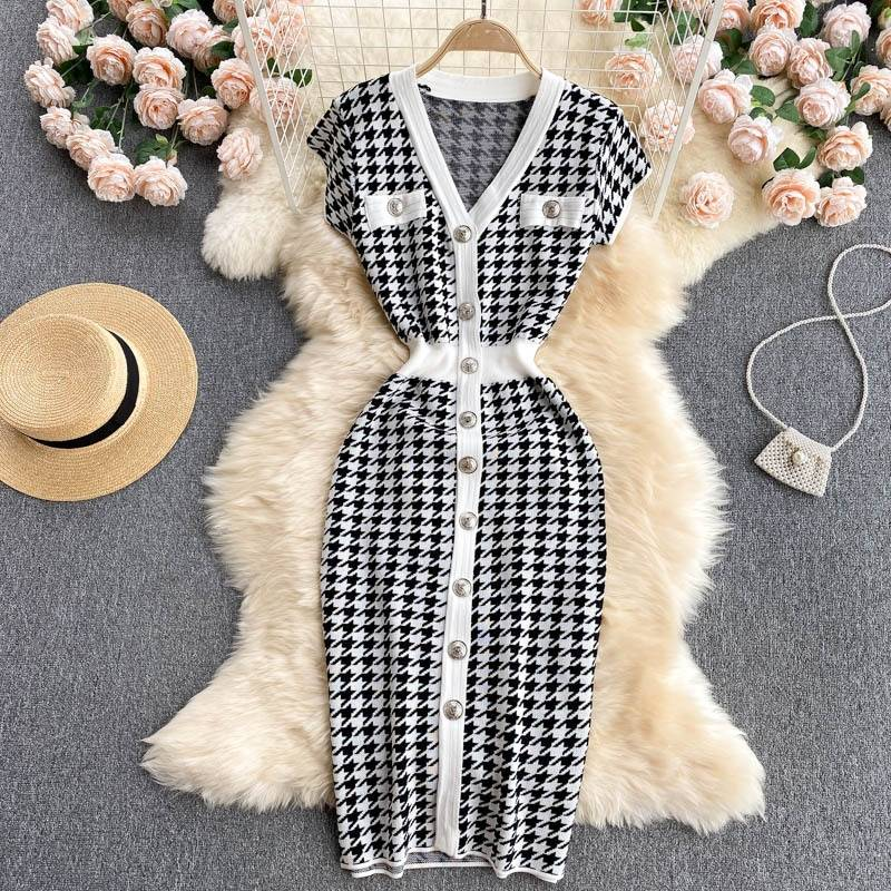 Abbigliamento da donna Abito in maglia retrò pied de poule con vita temperamento estivo scollo a V abbottonato vestibilità attillata gonna media e lunga sui fianchi_voghion.com