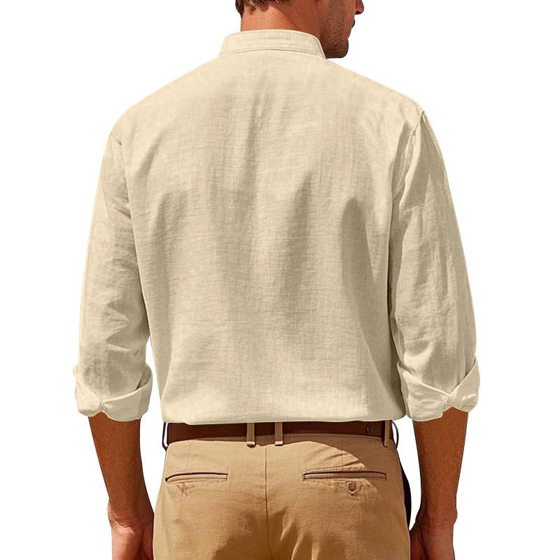 Camicia in lino monopetto a maniche lunghe con colletto alla coreana da uomo, colore puro, moda 2025, S-3XL_voghion.com