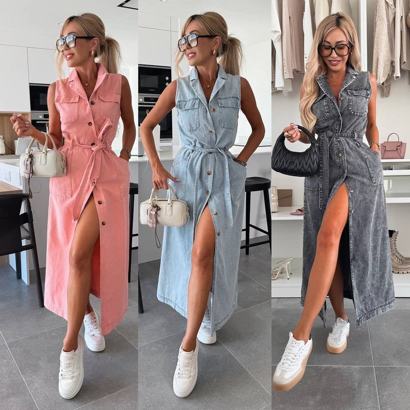 Abito monopetto in denim con cintura lunga senza maniche, nuovo, da donna_voghion.com