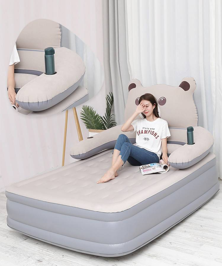 Cama inflável Totoro, cama de urso, cama de acampamento ao ar livre, colchão inflável espesso, cama de colchão de ar individual, fácil de inflar, rosa e cinza_voghion.com