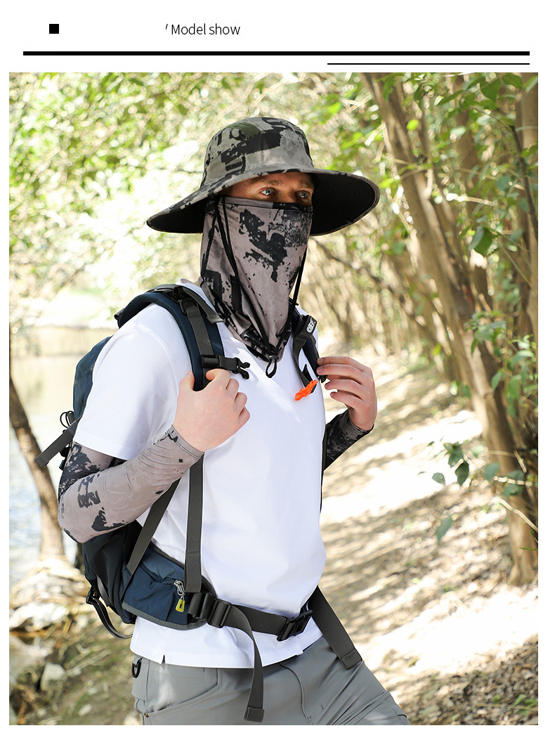 Outdoor-Bucket-Hut für Herren mit kühlenden Armstulpen und Gesichtsmaske – Sonnenschutz LSF 50+, leicht und atmungsaktiv zum Radfahren, Wandern, Reisen_voghion.com