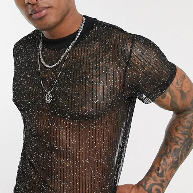 New See-through, Breathable, Thin And Fashionable Nightclub Party Base Layer Tulle Men's T-shirt_voghion.com