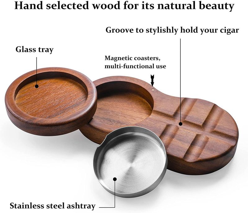 Wooden Cigar Ashtray With Rotating Lid, Whiskey Glass Holder, Windproof Covered Ashtray For Cigars & Whiskey Lovers_voghion.com