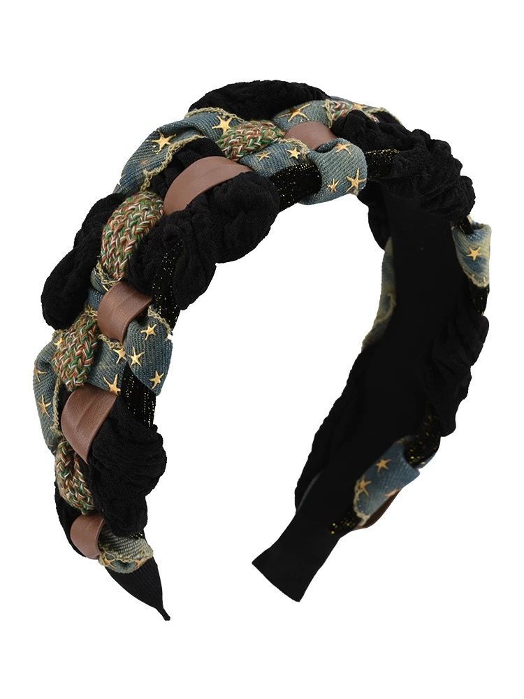 Fascia per capelli con teschio alto e stella in denim intrecciata per donna 2024, nuova fascia per capelli con forcina dal design di nicchia e interno allargato per donna_voghion.com