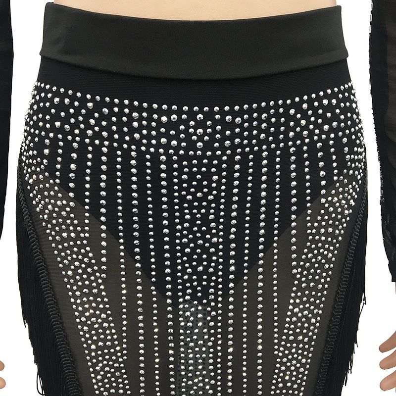 Vêtements pour femmes sexy discothèque chaude maille diamant transparente à manches longues fente longue jupe ensemble deux pièces_voghion.com