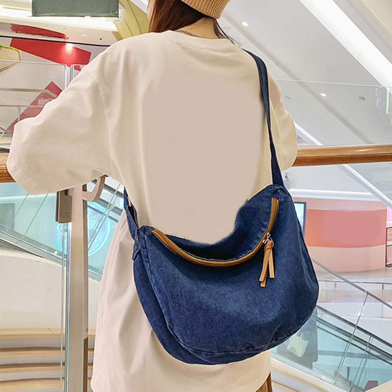 Lihanbao Stylish Messenger Bag Denim Crossbody Bag Casual Canvas Tote Large Capacity Adjustable Strap Zip Closure Student Satchel For Women -Dark Blue_voghion.com