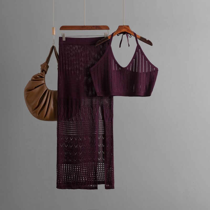 Women’s Clothing New women's summer short vest top two piece set high waist slim hollow slit hip skirt_voghion.com