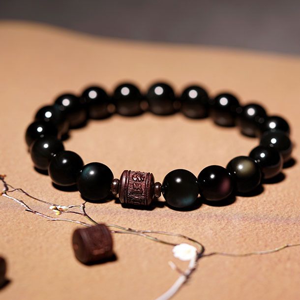 Obsidian Small Leaf Red Sandalwood For Men And Women With Six-Word Mantra Buddhist Prayer Beads Bracelet Gift_voghion.com