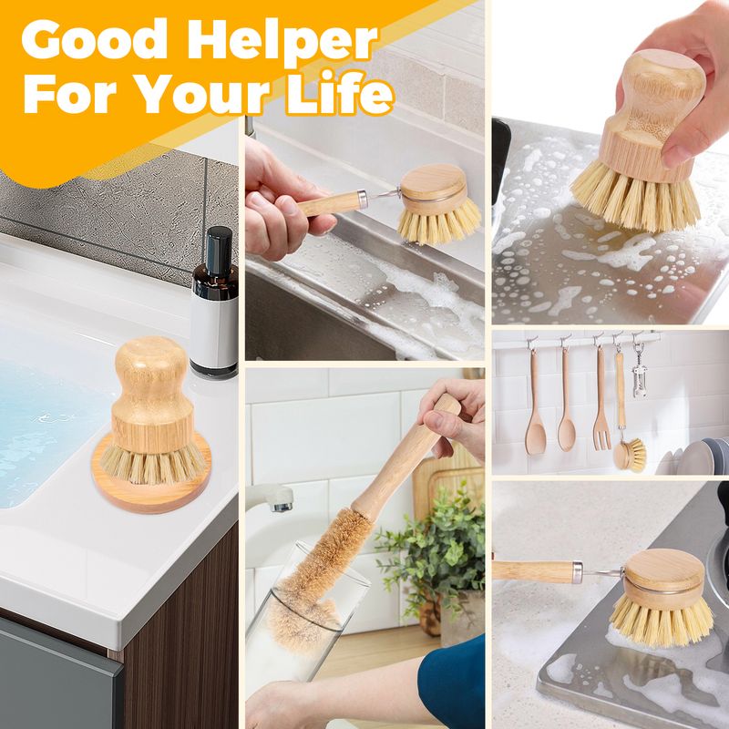 4/5-teiliges Bambus-Geschirrbürsten-Set, Topfreinigungsbürste mit langem Griff, Küchengeschirr-Scheuerbürste, starke Reinigungs- und Rostentfernungsbürste_voghion.com