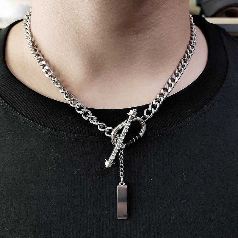 Hiphop Cubaanse titanium stalen herenketting, veelzijdig en uniek, kleurloze splitketting in Instagram-stijl_voghion.com