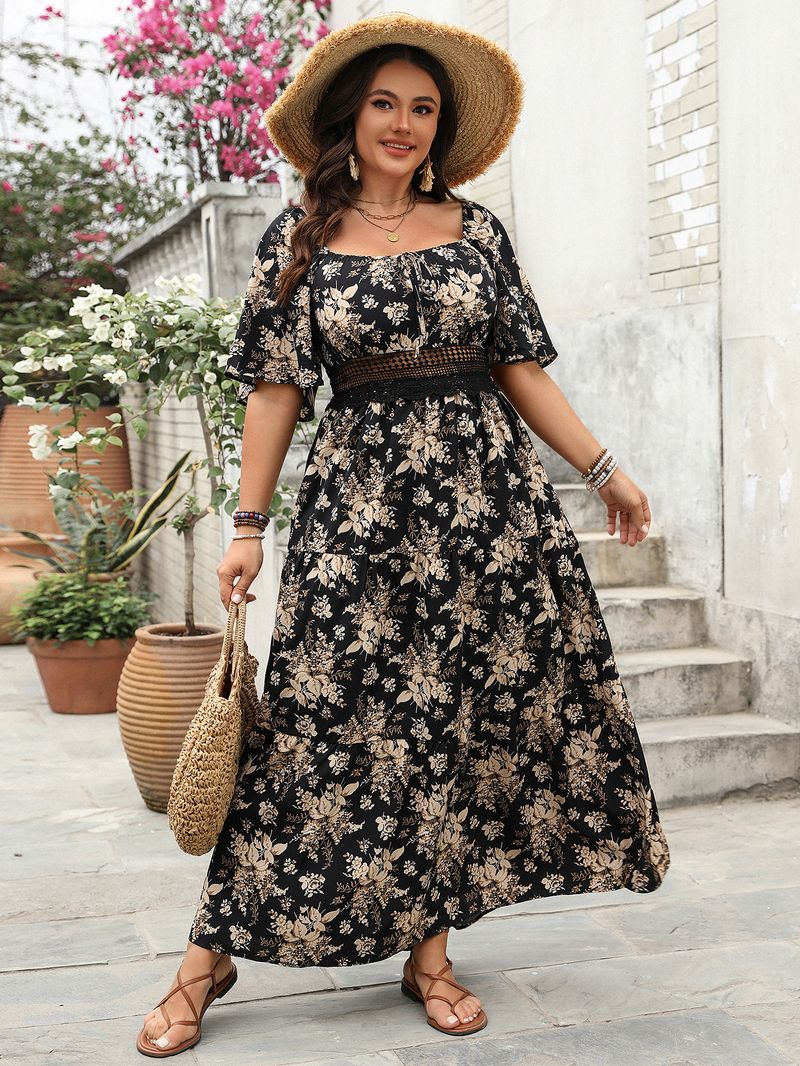 Roupas femininas retrô com decote quadrado estampado tamanho grande vestido de manga curta_voghion.com