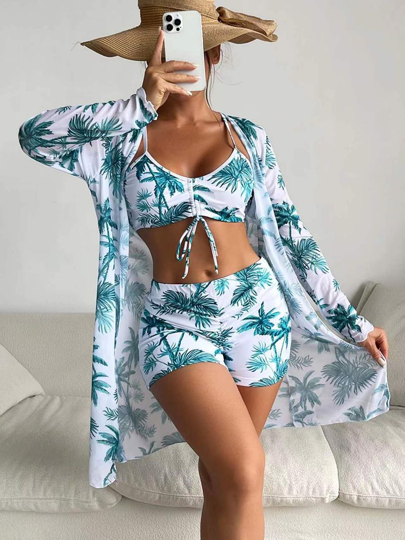 kvinders delt tredelt sæt højtaljet langærmet bluse internet berømthed snøre outfit_voghion.com
