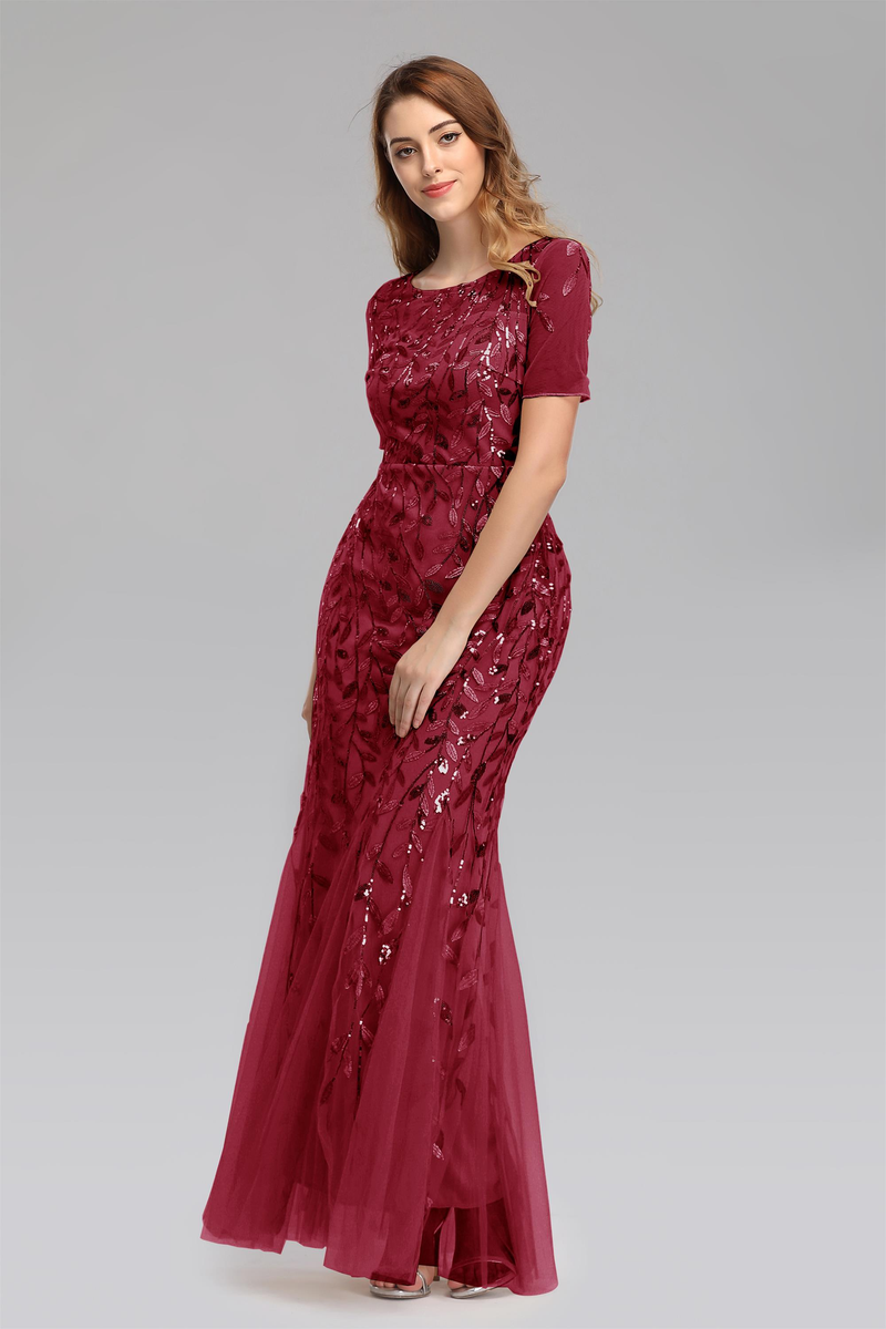 Plus Size Evening Dresses Mermaid O Neck Short Sleeve Lace Appliques Tulle Long Party Gown Robe Soiree Sexy Formal Dress Vestido_voghion.com