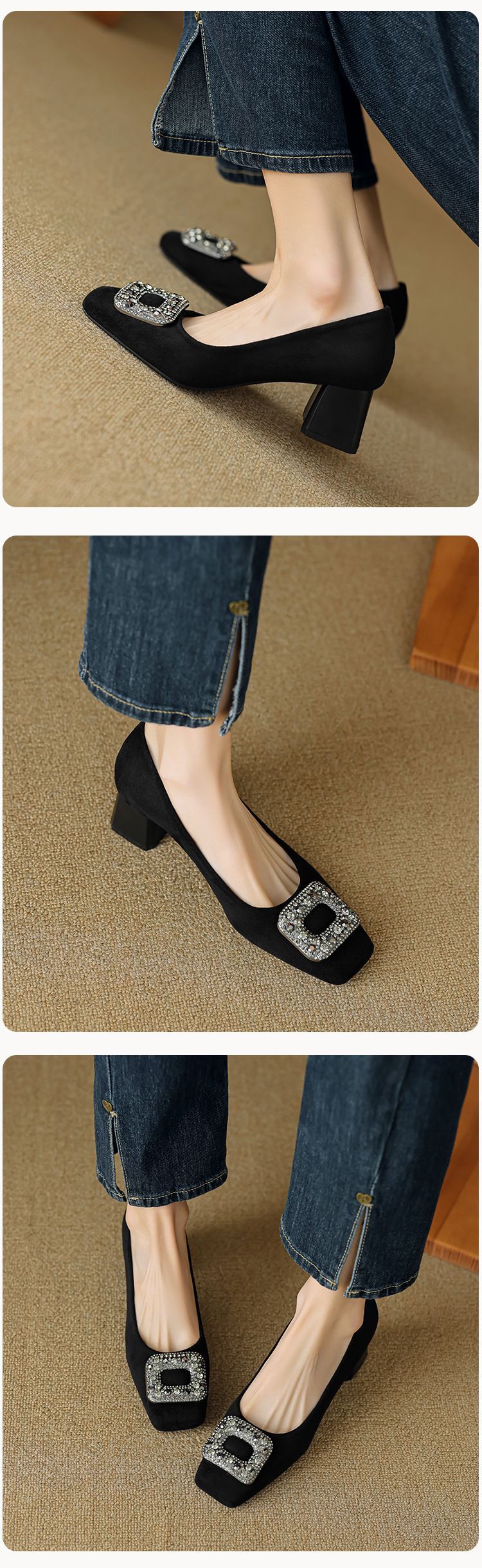 Scarpe con tacco alto francesi da donna, con strass, un pedale, nere, leggere, con tacco spesso, singole, da donna_voghion.com