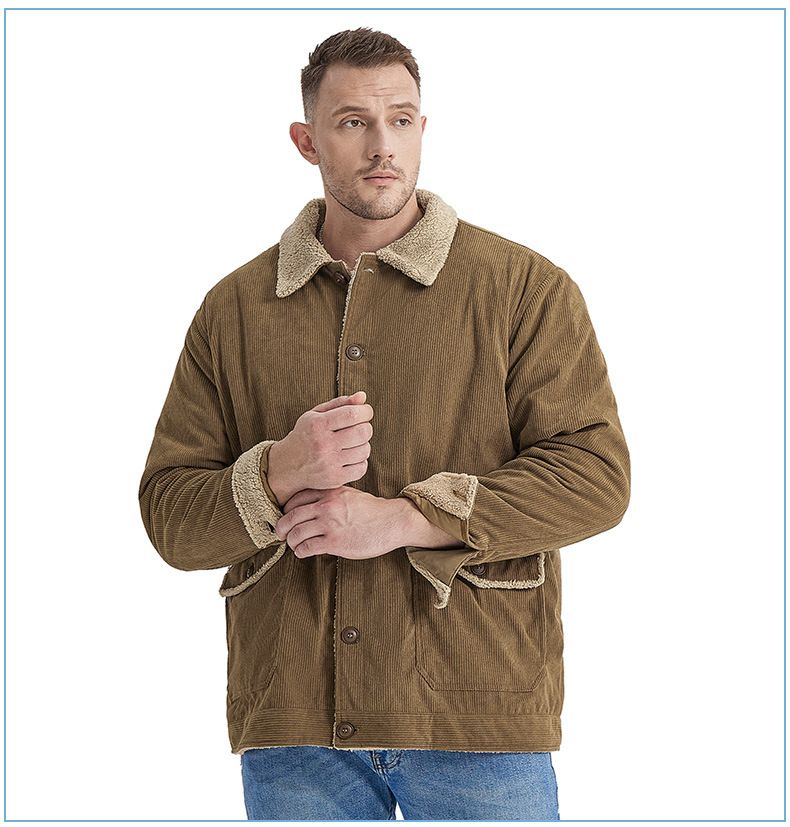 "Herrenjacke aus Cord und Lammfell mit Revers – Plüschiger, dicker Mantel in großer Größe (Schwarz/Grün/Hellbraun, S-XXL)"_voghion.com
