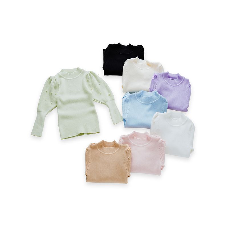 Otroška oblačila za deklice, pulover z bisernimi rokavi in jagnječjim vzorcem, otroški vsestranski pulover z dolgimi rokavi in lanternskimi rokavi, enobarvni, jesenski in zimski_voghion.com