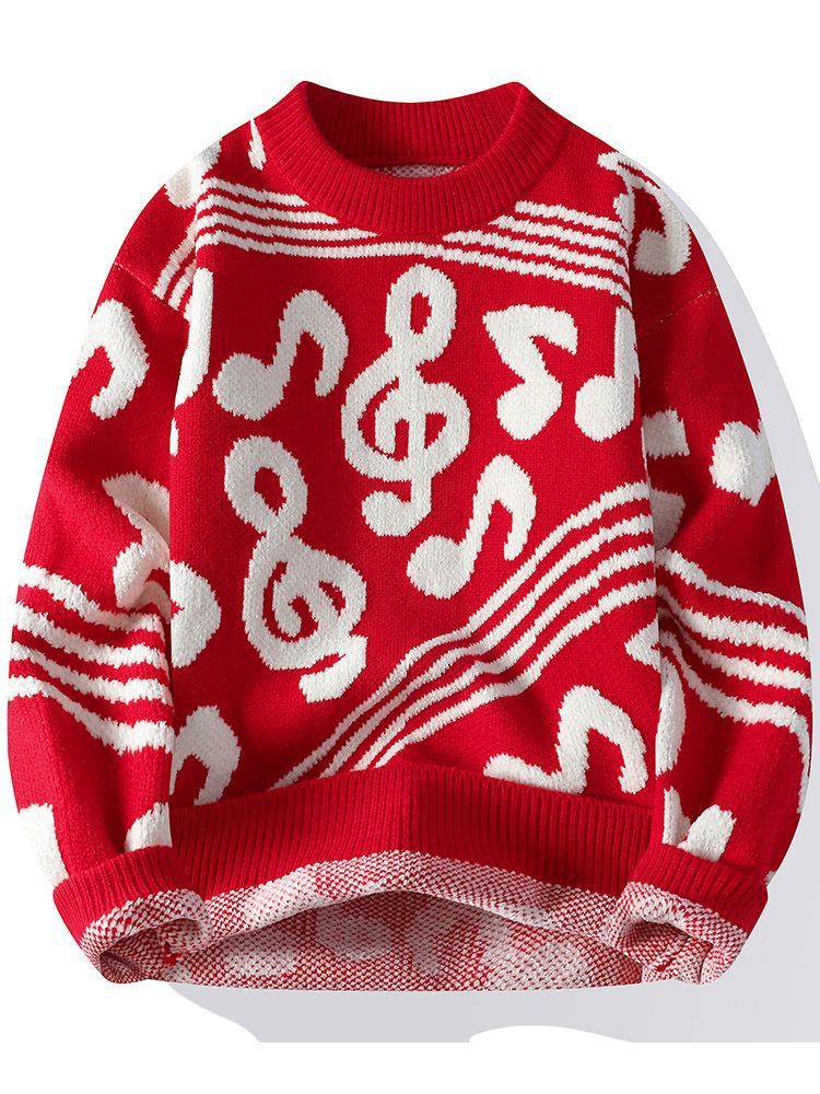 Herrenpullover, locker gestrickt, mit Jacquard-Stickerei und Musikmotiven – Kuscheliger Winterpullover für Damen und Herren_voghion.com