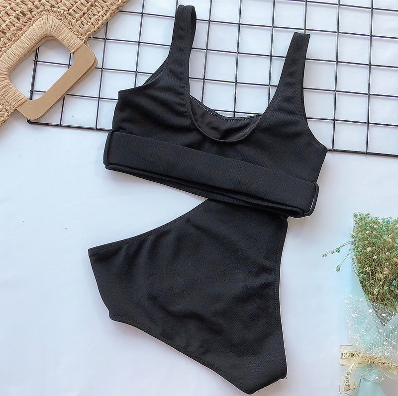 Hot Bikini Hot Sale High Waist Solid Color Bikini Pit Strip Swimsuit Split Buckle Bikini_voghion.com