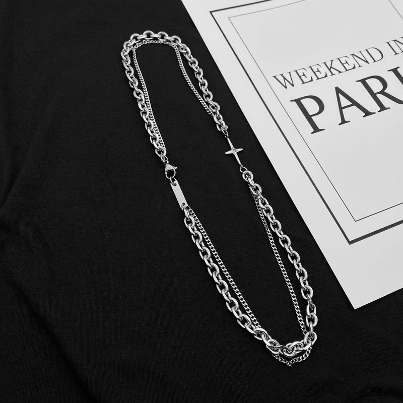 Version Of Ins Thick And Thin Titanium Steel Choker Necklace Men And Women Trendy Cross Hip Hop Simple Couple Double Layer Necklace_voghion.com