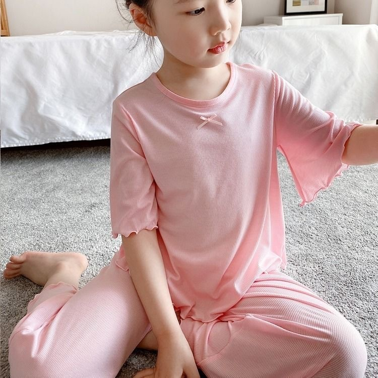 Ropa de bebé Conjunto de pijama de seda de hielo para niñas Ropa de hogar modal fina para niños Ropa de aire acondicionado de verano para niños de tamaño mediano_voghion.com