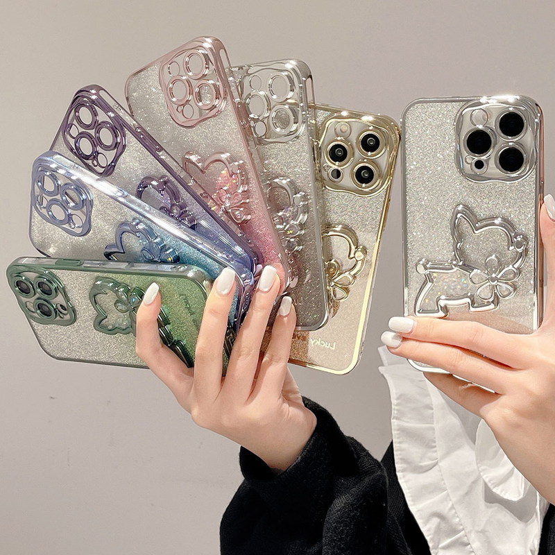 Luksuzna galvanizirana torbica za telefon z bleščicami, tekočim živim peskom in rožo za psa za iphone 14 13 12 11 Pro Max Gradient Bling odbijač_voghion.com