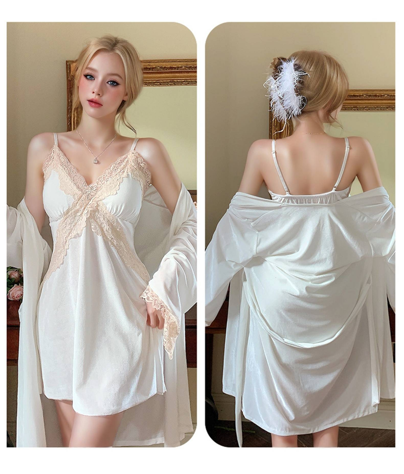 Camicia da notte da donna in due pezzi con cuscino per il seno, camicia da notte termica sexy a maniche lunghe_voghion.com