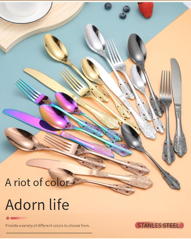 Set de tacâmuri din oțel inoxidabil, stil regal, format din 4 piese - cuțit și furculiță pentru friptură, cu aspect vintage auriu și lingură, tacâmuri de hotel și restaurant de lux_voghion.com