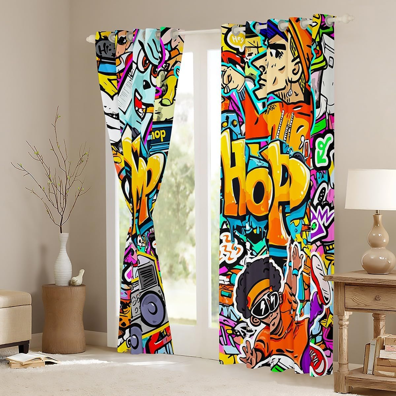 Kids Boys Teens Hip Hop Decor Window Curtains Graffiti Graphic Blackout Curtain Street Culture Window Treatments_voghion.com