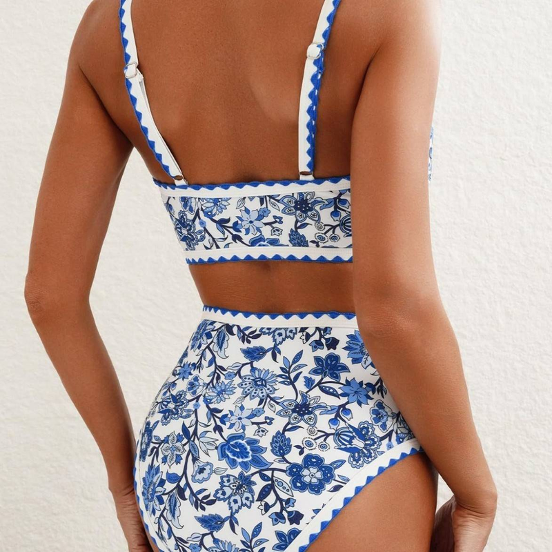 Conjunto de bikini de dos piezas con estampado floral para mujer, cintura alta, cuello redondo bajo_voghion.com