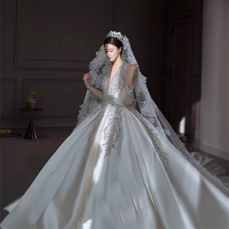 Satin Long Sleeve Wedding Dress – Vintage French V-Neck A-Line Gown With Lace & Corset Back, Flattering For Petite Brides (Spring/Summer, XS-XXL)_voghion.com