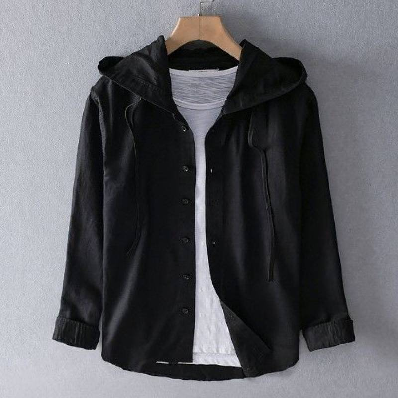 Chemise à manches longues en lin et coton mélangés pour homme – Chemise à capuche avec protection solaire UPF pour l'été, respirante, coupe ample et décontractée_voghion.com