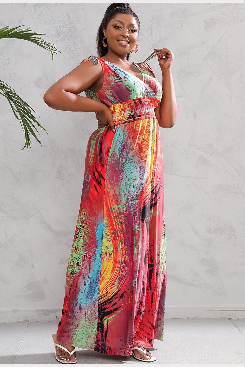 Vestido de seda de hielo con estampado de talla grande para mujer, vestido largo bohemio con escote en V y tallas grandes_voghion.com
