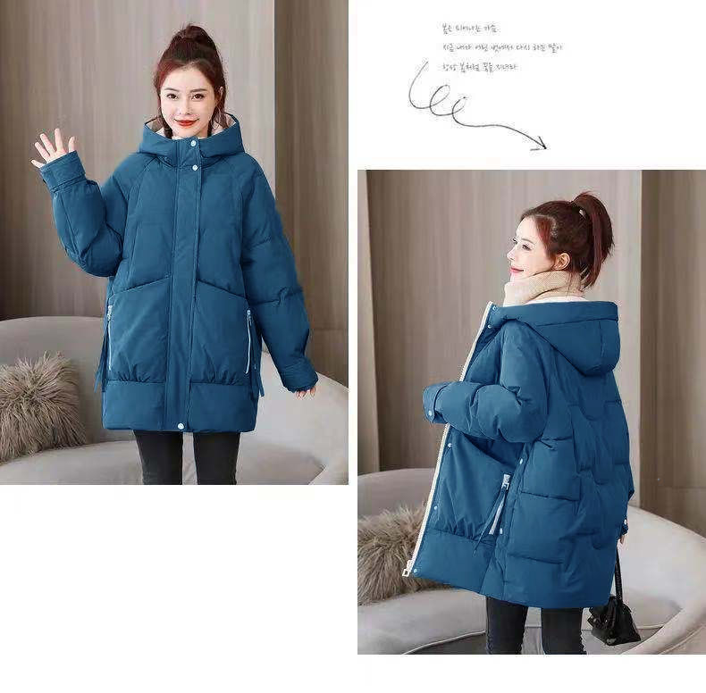 Mit Baumwolle gepolsterte mittellange koreanische Version der Parker-Studentenbrot-Daunenjacke für Damen, locker und trendig hoch_voghion.com