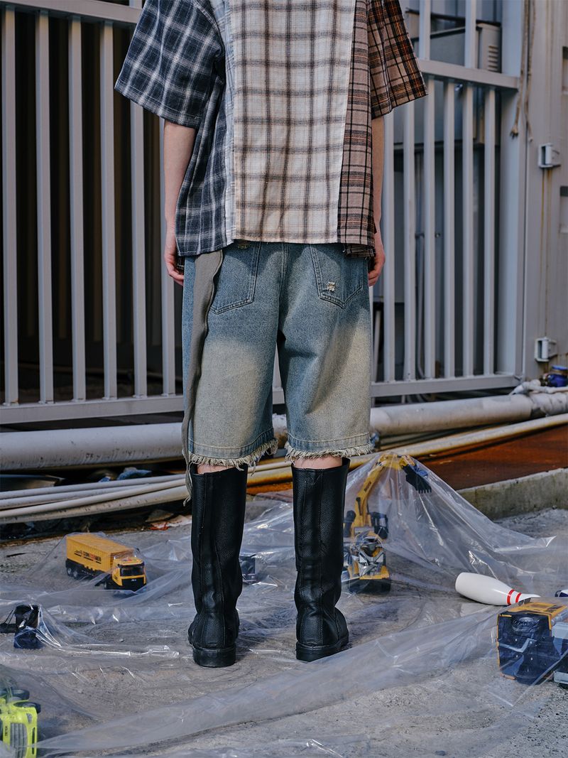 Îmbrăcăminte bărbătească Pantaloni scurți din denim rupți, spălați, cu gradient retro, de vară, personalizați, cu margini brute_voghion.com