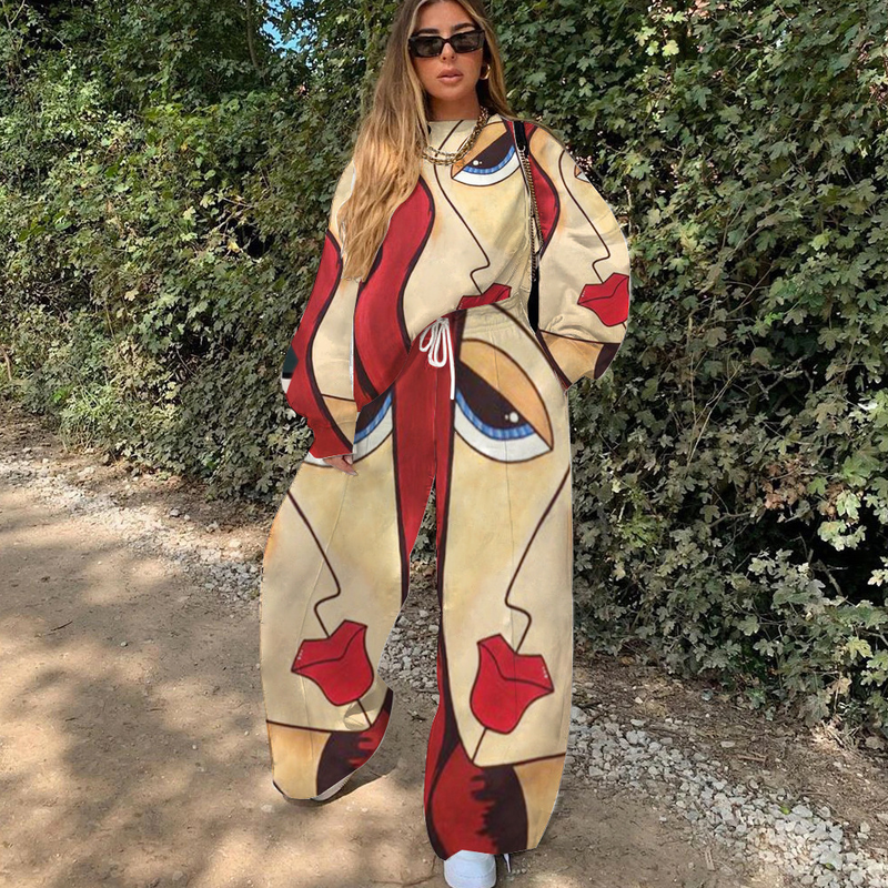 Ensemble deux pièces ample à imprimé pop et contrasté pour femmes_voghion.com