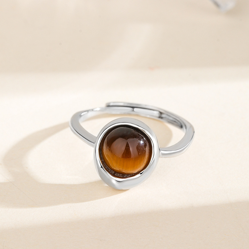 Anello portafortuna irregolare in argento S925 per ragazze con pietra occhi di tigre, stile di lusso leggero, stile INS alla moda personalizzato_voghion.com