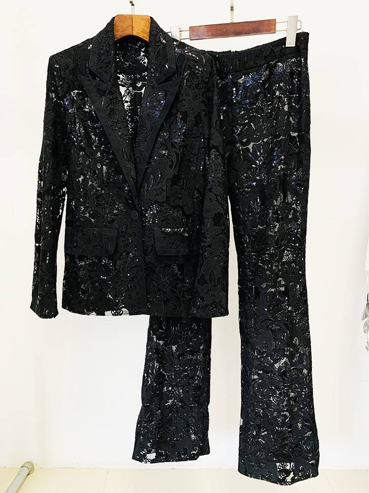 Damgasväv tunga broderier paljett kostym jacka byxor set två delar_voghion.com