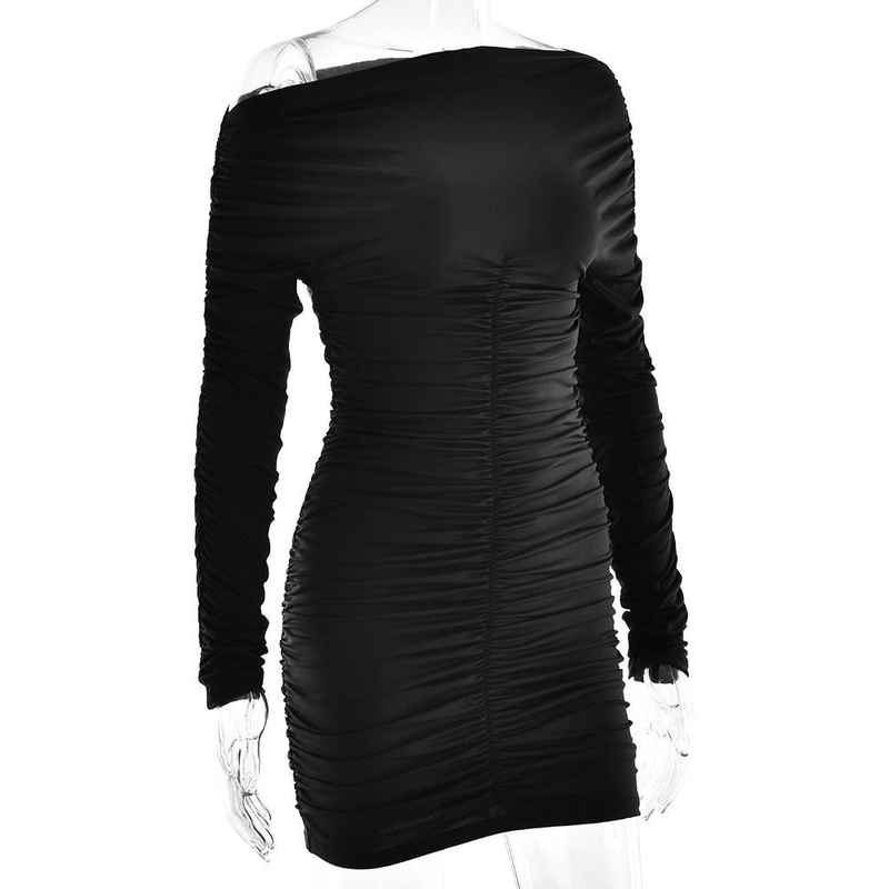Inclined Shoulder Long Sleeve Sexy Mini Dress For Women Autumn New Fashion Backless Ruched Bodycon Party Sexy Dress_voghion.com