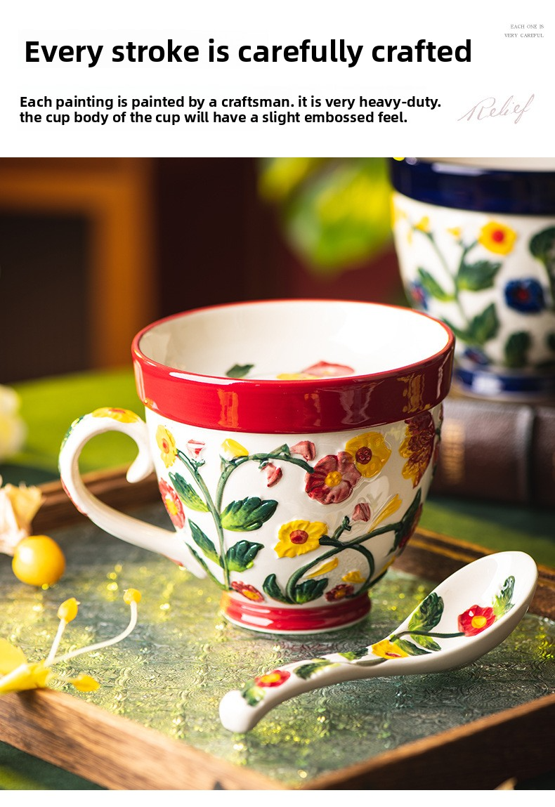 Blue & Red Hydrangea Ceramic Mug Set With Lid – 550ml Large Vintage Floral Coffee Cup Compatible With Snack Dish & Spoon_voghion.com