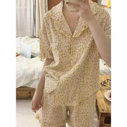 Pyjama coréen pour femmes, vêtements de détente d'été, ensembles de vêtements de nuit pour filles, pyjama à revers à carreaux, pyjama à volants Kawaii, costume de maison japonais_voghion.com