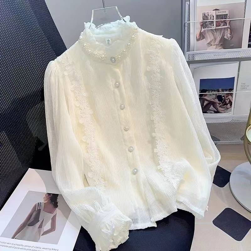 Vintage Lace Blouse – Pearl-Trimmed High Neck With Bishop Sleeves (S-2XL, Shell & Fleece Lined, Polyester Chantilly Lace, Baroque Office Romance)_voghion.com