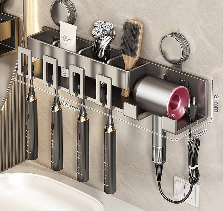 Suction Cup Toothbrush Holder With Cups & Hair Dryer Stand - No Drill Wall Mount Bathroom Organizer For Family Of 4, 3 Or Couples_voghion.com