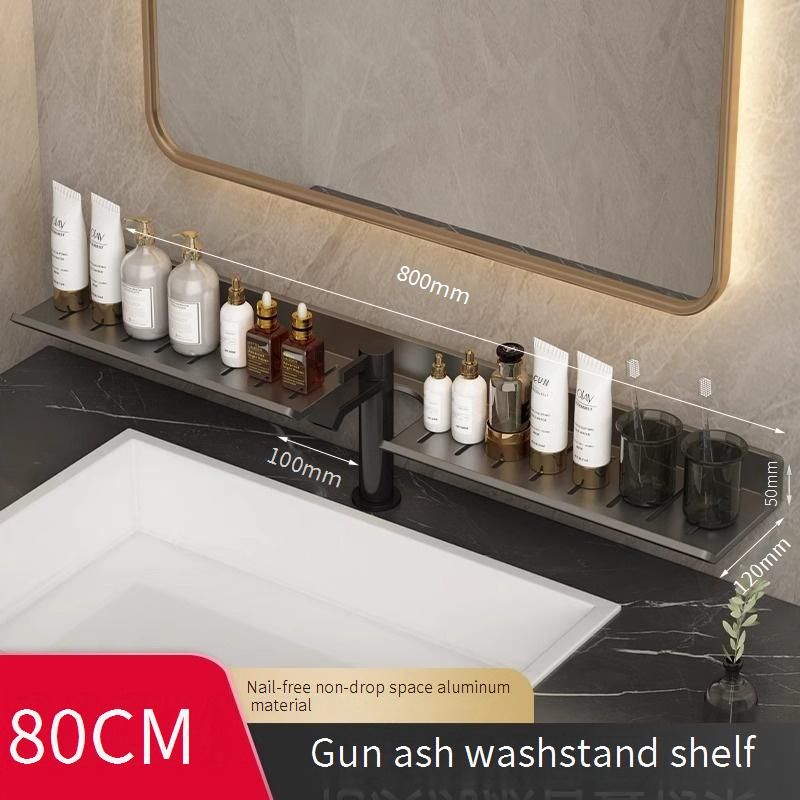 Rotguss/Schwarzes Badezimmerregal zur Wandmontage, rostfreier Wasserhahn-Organizer ohne Bohren für die Waschbecken-Arbeitsplatte, 30–80 cm großes Badezimmer-Aufbewahrungsregal_voghion.com