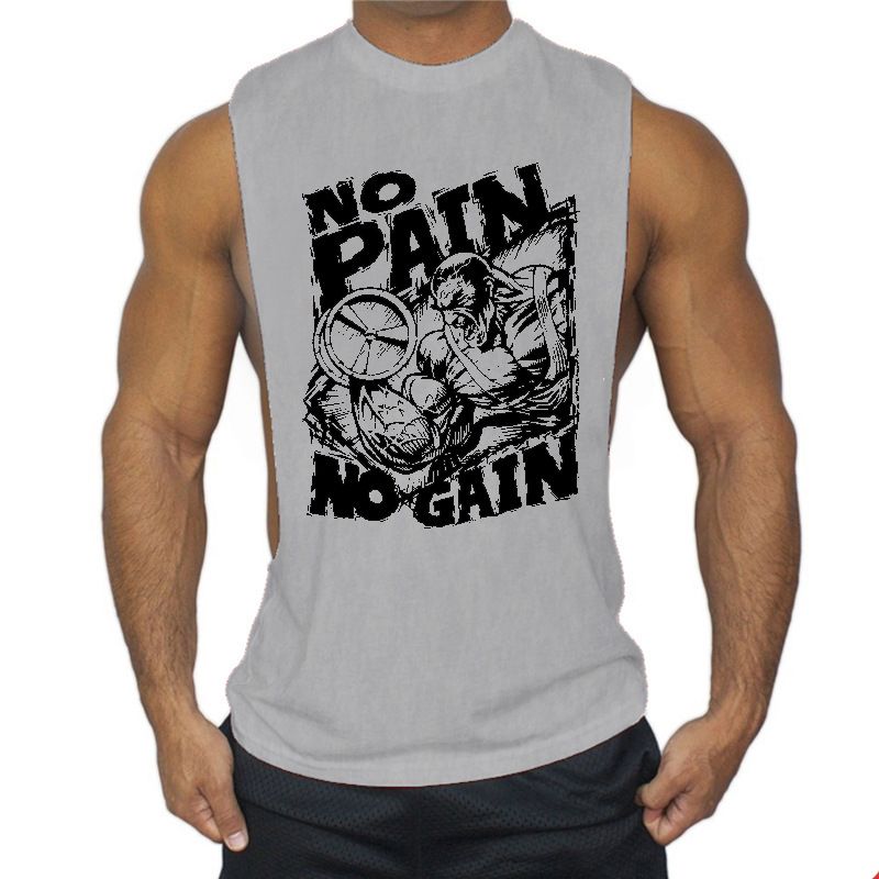 Canotta sportiva da uomo in cotone, vestibilità ampia, con spacchi laterali, per bodybuilding, PAIN NO GAIN_voghion.com
