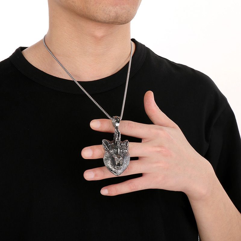 Collana antica a forma di animale da uomo, stile punk, con ciondolo a forma di testa di leone, testa di lupo, volpe, acciaio al titanio_voghion.com