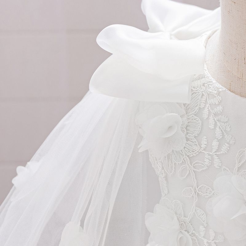 Boho Chic Christening Dress (70-110cm/6M-3Y) | Asymmetric Straps Tulle Gown With Lace Trim | Unique Straps Design For Baptism & 1st Birthday_voghion.com