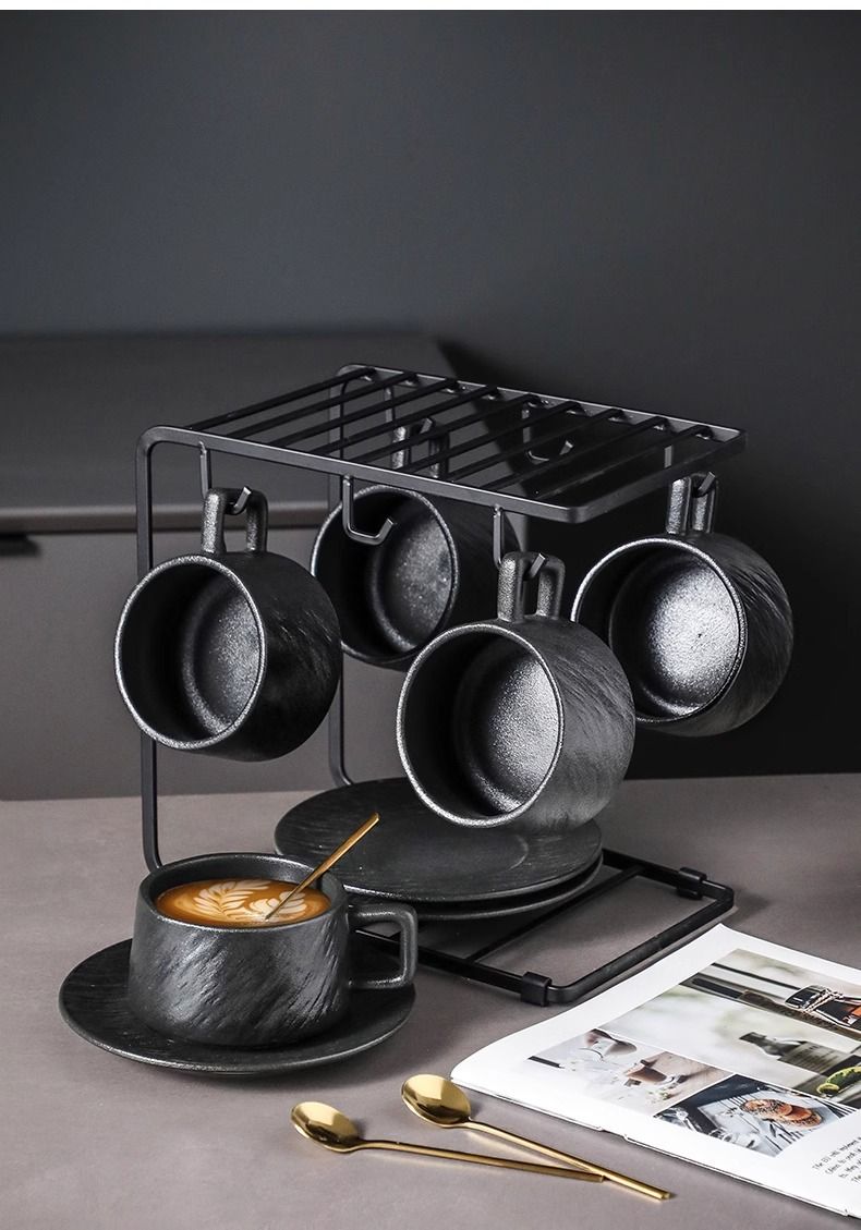 Set di tazze da caffè effetto pietra - 2 pezzi, tazze in ceramica con piattini (adatte al microonde e alla lavastoviglie, adatte per caffè espresso, latte, colazione e tè pomeridiano)_voghion.com