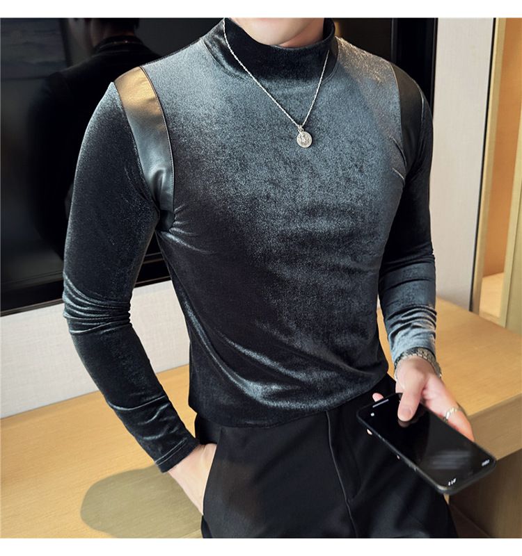Abbigliamento maschile T-shirt a maniche lunghe elastica con collo alto e mezza pelle testurizzata da uomo, sottile, in velluto, con colletto medio, aderente, abiti autunnali_voghion.com